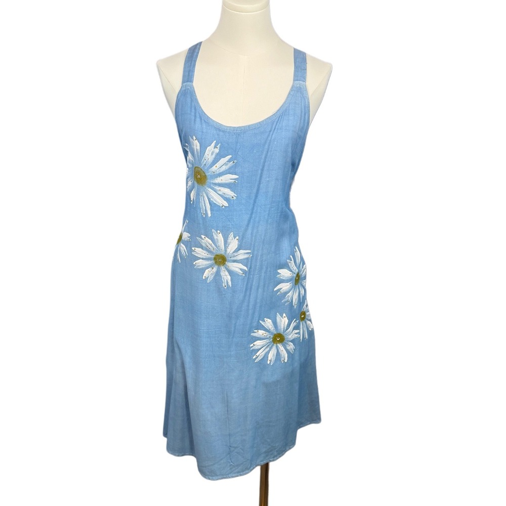 Raya Sun Blue Daisy Hand Painted Rhinestone Cotton Rayon Midi Dress XL Boho
